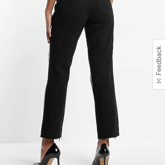 High Waisted Sequin Front Ripped Raw Hem Straight Ankle Jeans (Size 0-Regular) - Picture 2 of 5